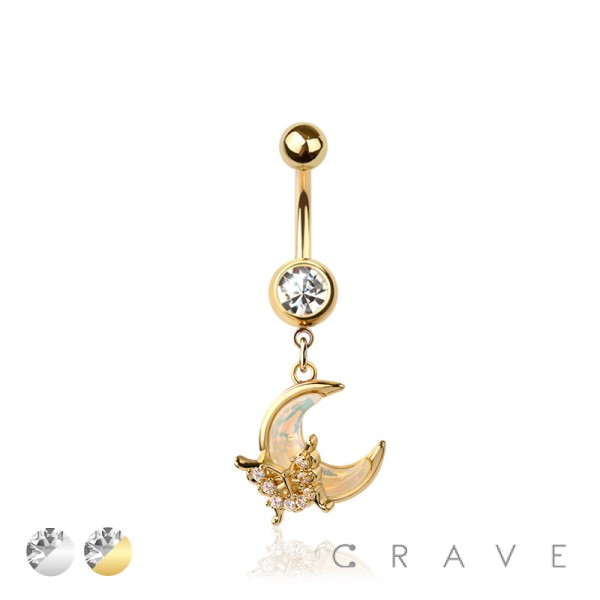 316L SURGICAL STEEL OPAL MOON BUTTERFLY DANGLE BELLY BUTTON NAVEL RING 